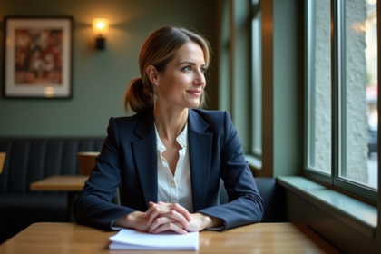 Femme en costume assise au café contemplant par la fenêtre