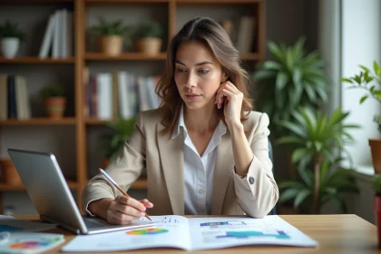 Femme en business casual examine des croquis sur une tablette