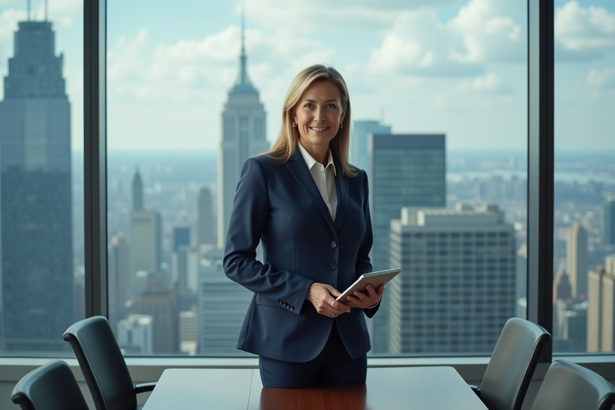 Femme cadre confiante devant une fenêtre sur la ville