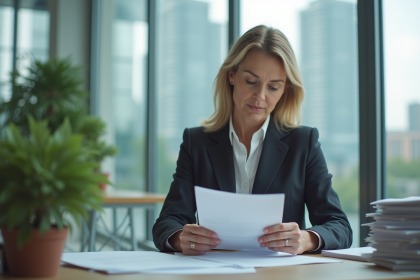 Femme d affaires examinant des rapports environnementaux