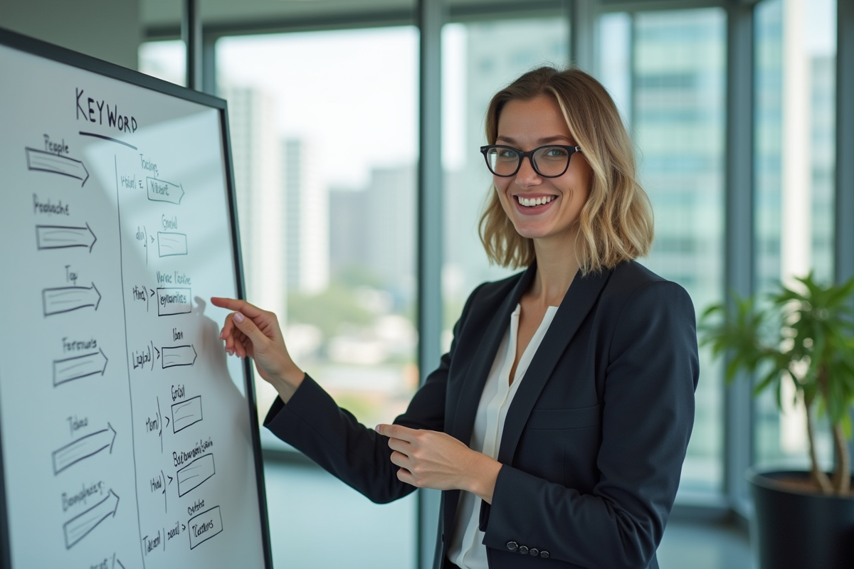 Femme souriante expliquant des diagrammes SEO devant un tableau blanc
