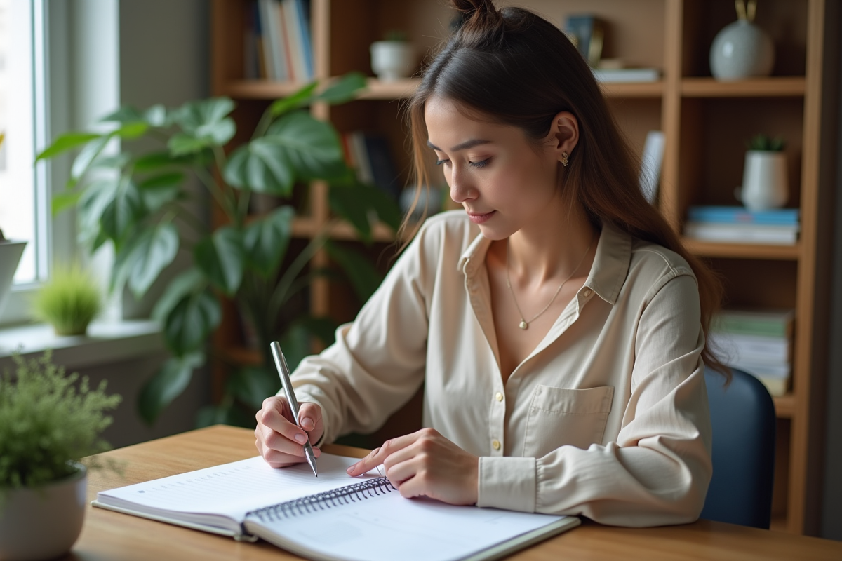 Femme en bureau moderne compare planificateur et agenda