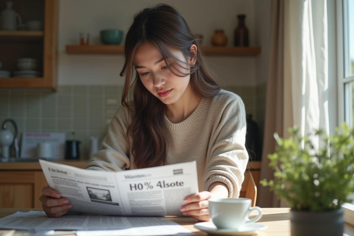 Jeune femme réfléchie cherchant un emploi avec une annonce dans un journal