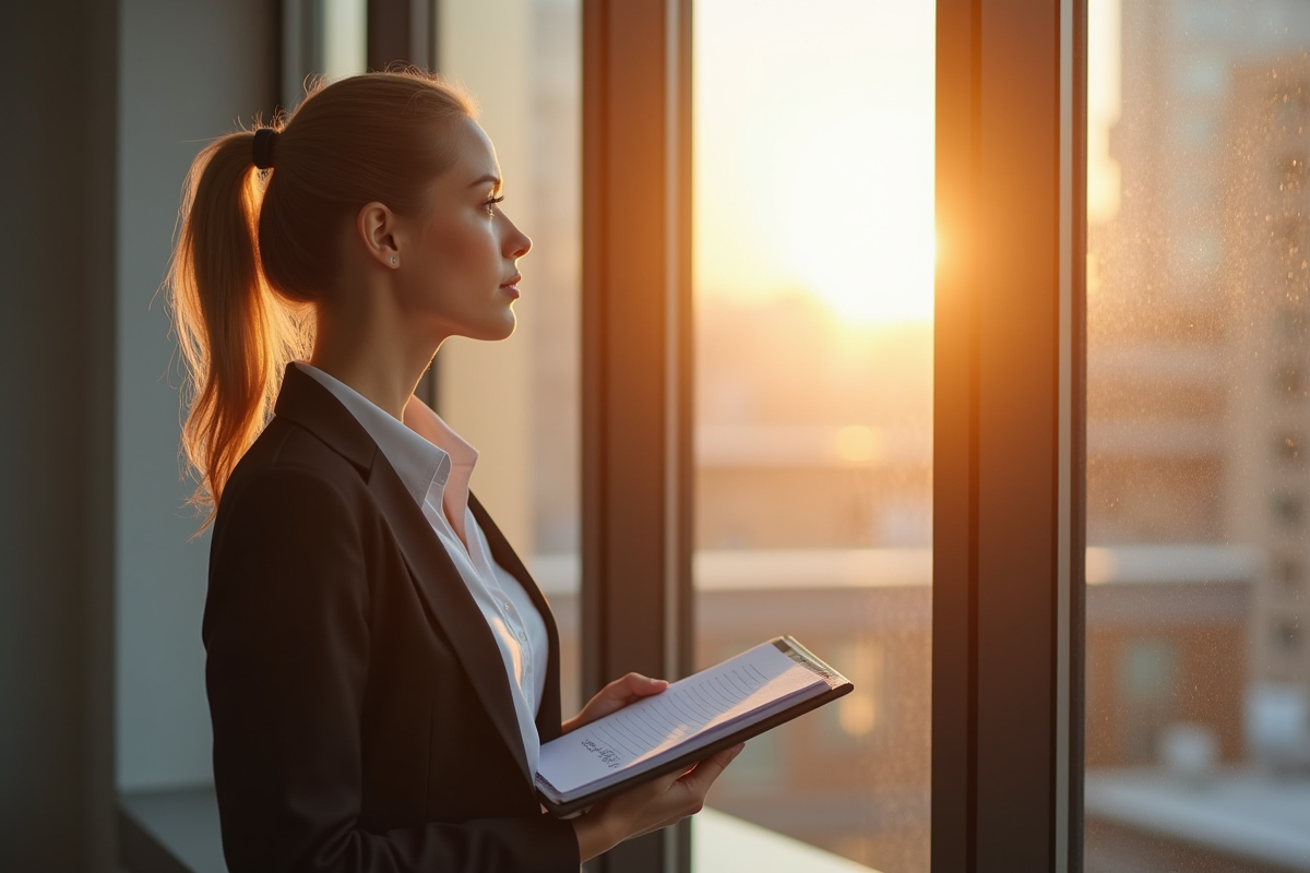 Femme professionnelle regardant par la fenêtre au travail