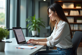 Femme professionnelle travaillant sur un ordinateur en SEO