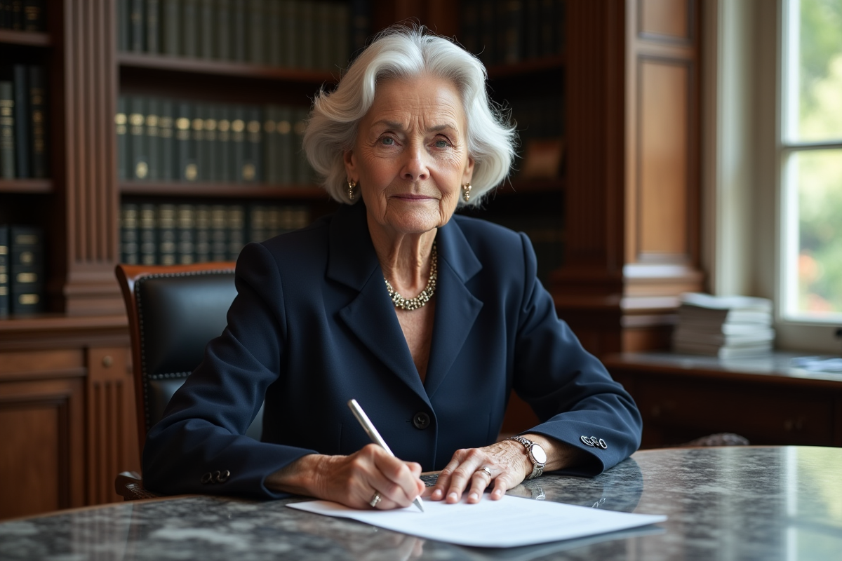 Femme âgée signant un document officiel dans un bureau