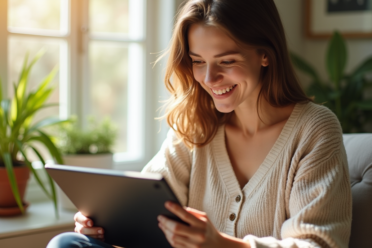 Jeune femme souriante utilisant un assistant AI à la maison