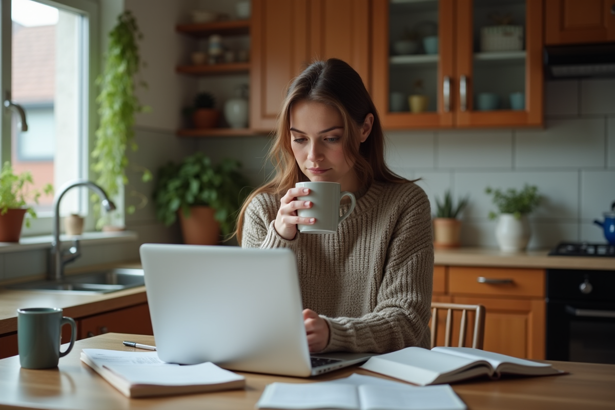 Jeune femme travaillant dans sa cuisine le matin