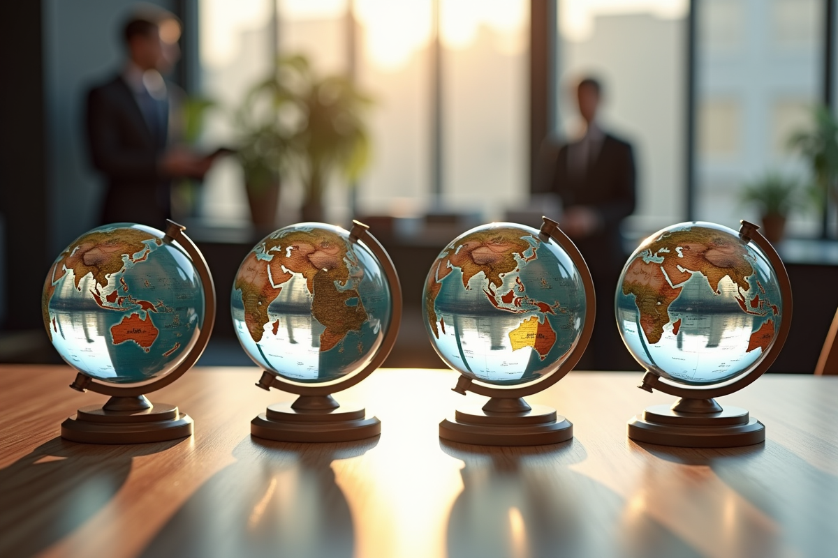 Globes avec symboles commerciaux sur un bureau en bois
