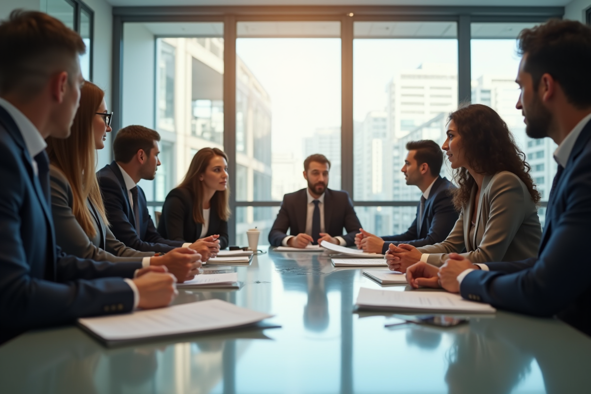 Groupe de professionnels en réunion d'affaires avec symboles juridiques