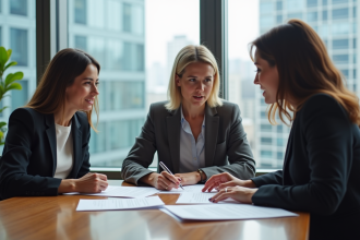 Groupe de trois adultes en réunion dans un bureau moderne