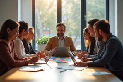 Groupe de professionnels en réunion brainstorming en équipe