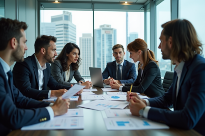 Groupe de professionnels en réunion dans une salle moderne