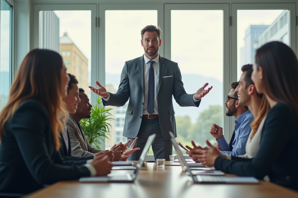 Groupe de professionnels en réunion dans un bureau lumineux