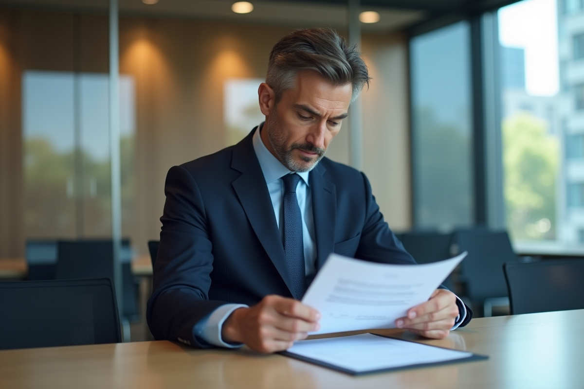 Homme d'affaires en costume navy dans une salle de réunion