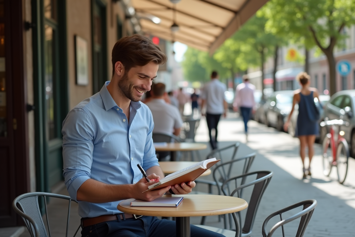 Jeune homme écrit dans son agenda en terrasse urbaine
