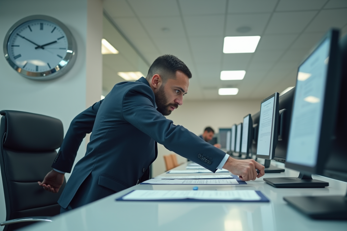 Homme en costume presse pour déposer un document avant la fermeture