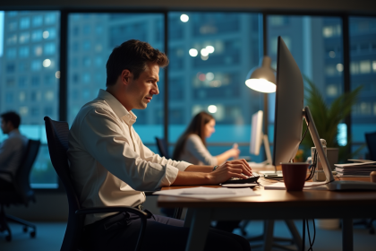 Homme d'âge moyen au bureau tard le soir en train de travailler