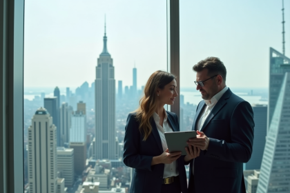 Homme et femme d'affaires regardant une tablette dans un bureau moderne