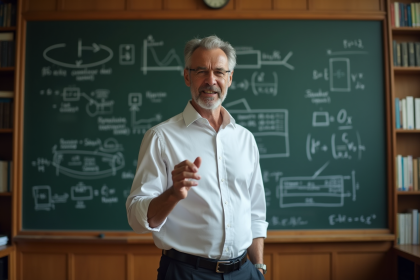 Ingénieur homme en salle de cours avec tableau technique