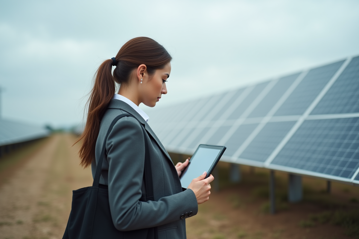 Inspectrice vérifie des panneaux solaires en extérieur