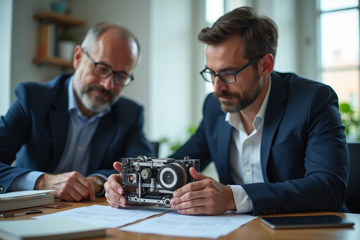 Inventeur confiant présentant un prototype dans un bureau moderne