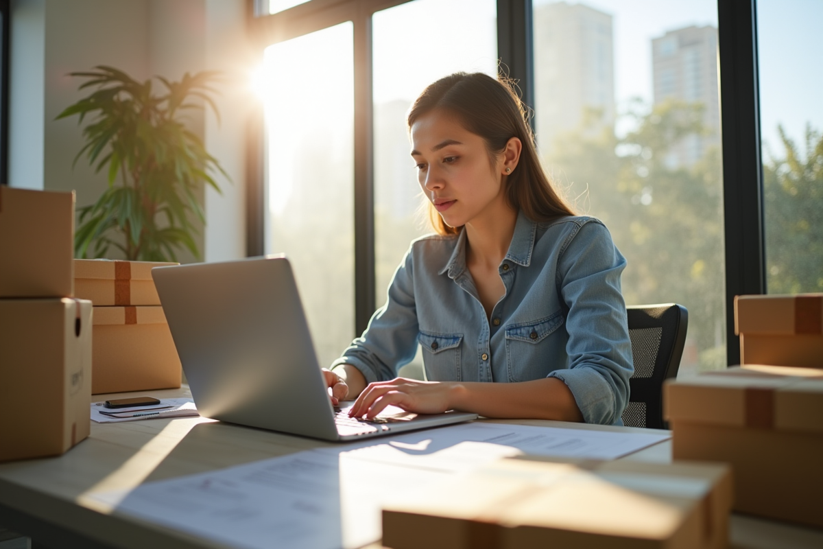 Jeune entrepreneur travaillant sur un laptop dans un bureau lumineux