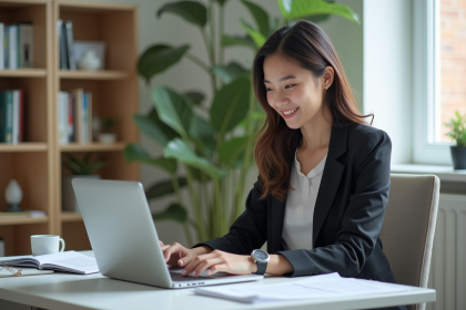 Jeune femme professionnelle travaillant sur son ordinateur dans un bureau lumineux