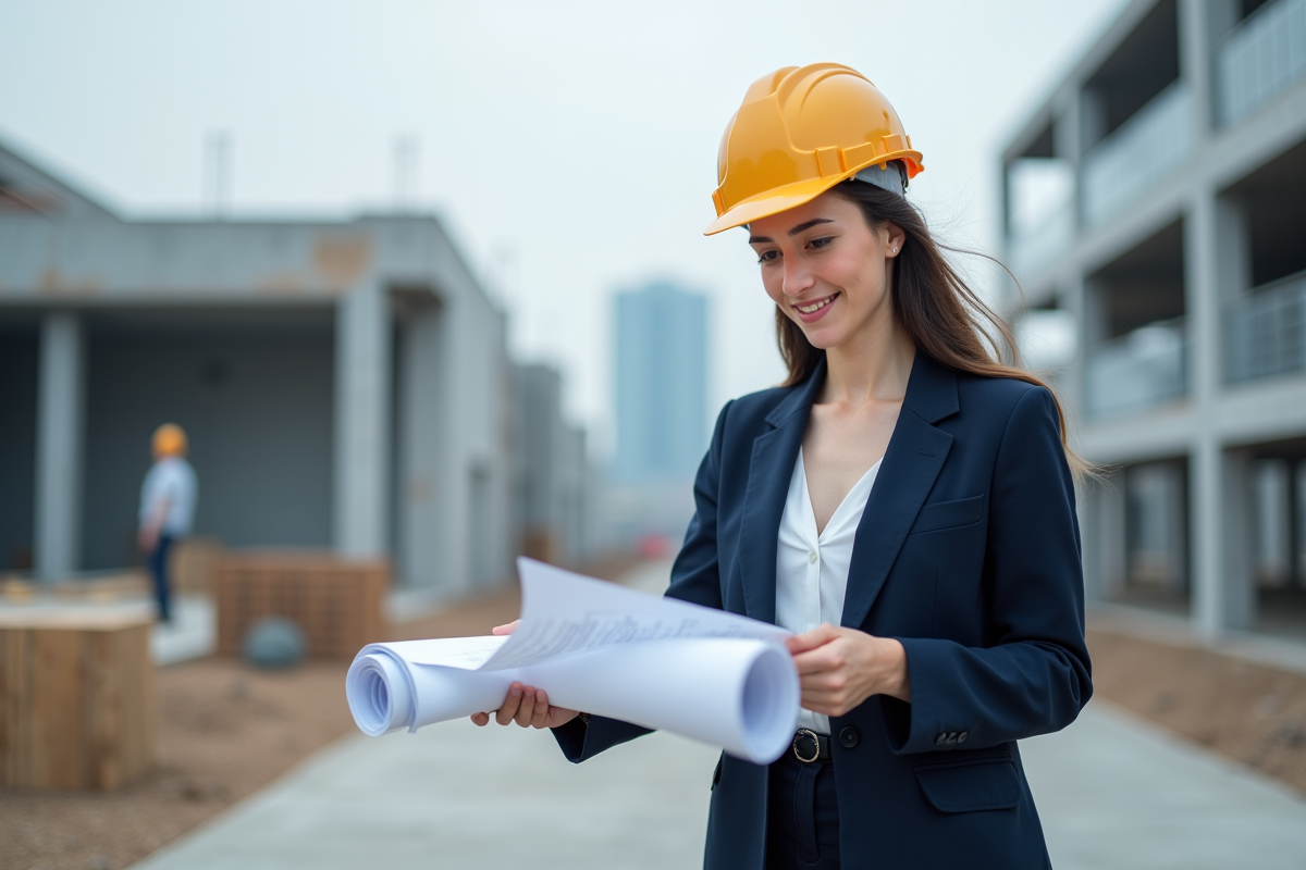Jeune femme ingénieur sur chantier avec plans et casque