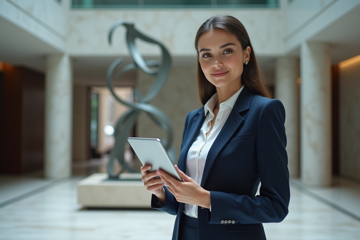 Jeune femme confiante avec tablette dans un lobby élégant