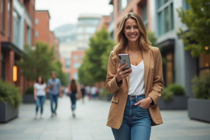 Jeune femme souriante avec smartphone dans un lieu urbain