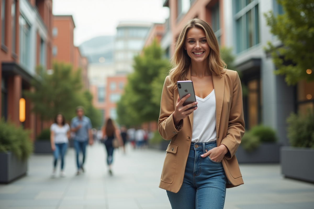 Jeune femme souriante avec smartphone dans un lieu urbain