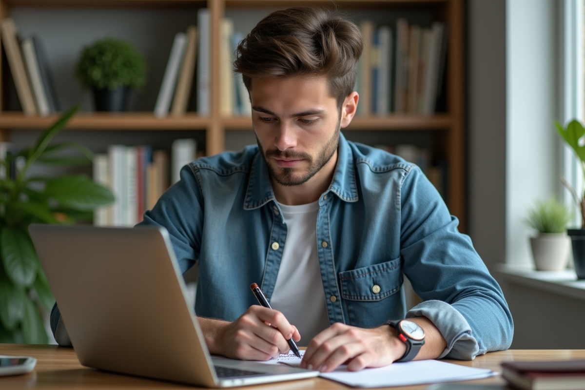 Jeune homme concentré travaillant sur son ordinateur dans un bureau cosy