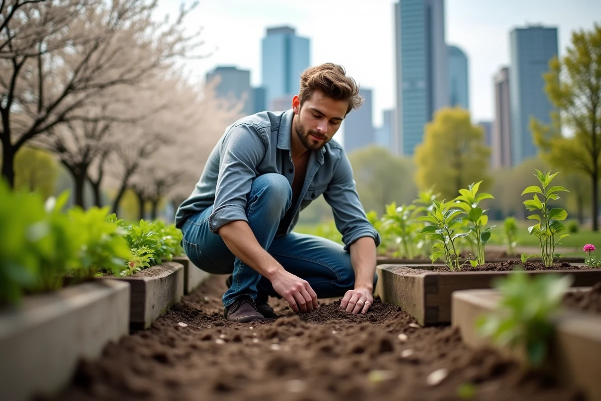 Jeune homme plante des jeunes arbres dans un jardin urbain