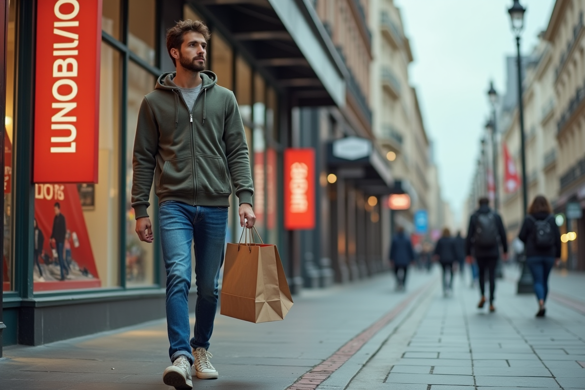Jeune homme avec sacs de shopping en ville