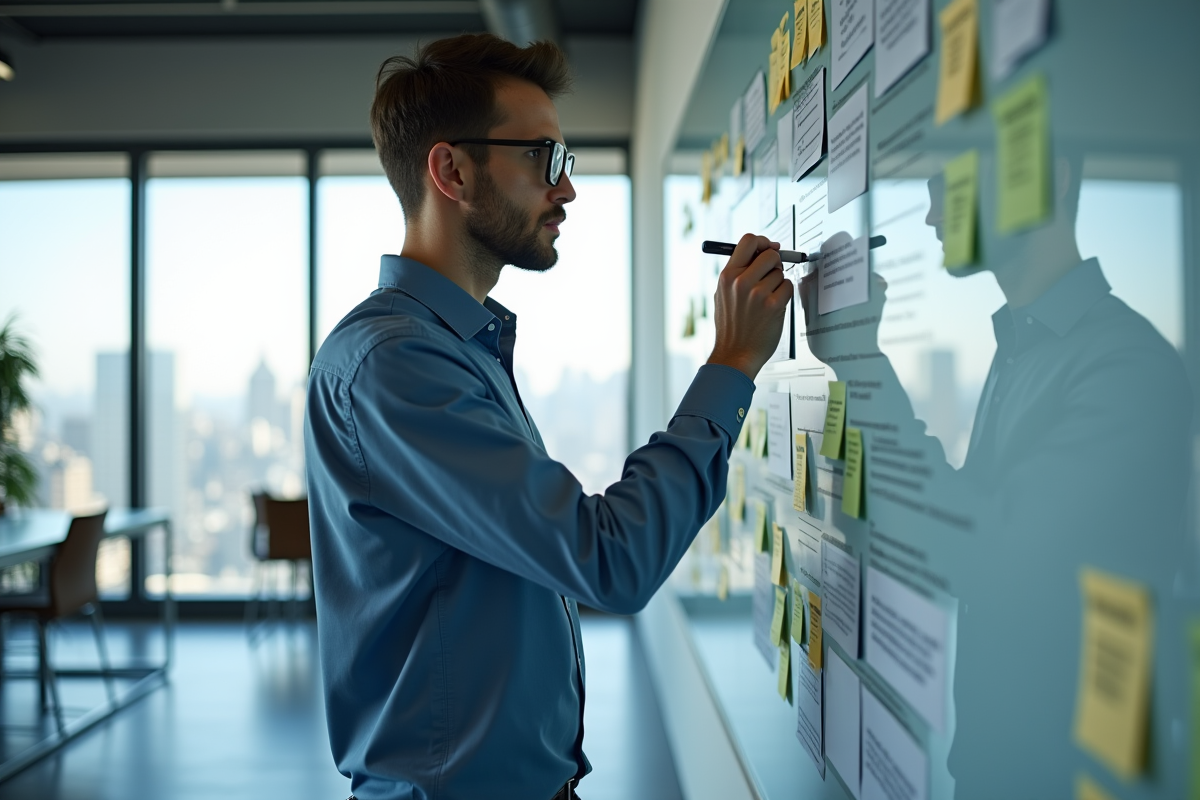 Jeune manager écrivant sur un mur de notes et schémas