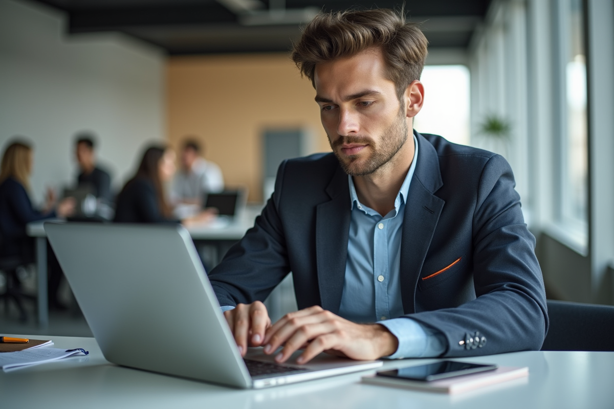 Jeune homme professionnel concentré sur son ordinateur au bureau