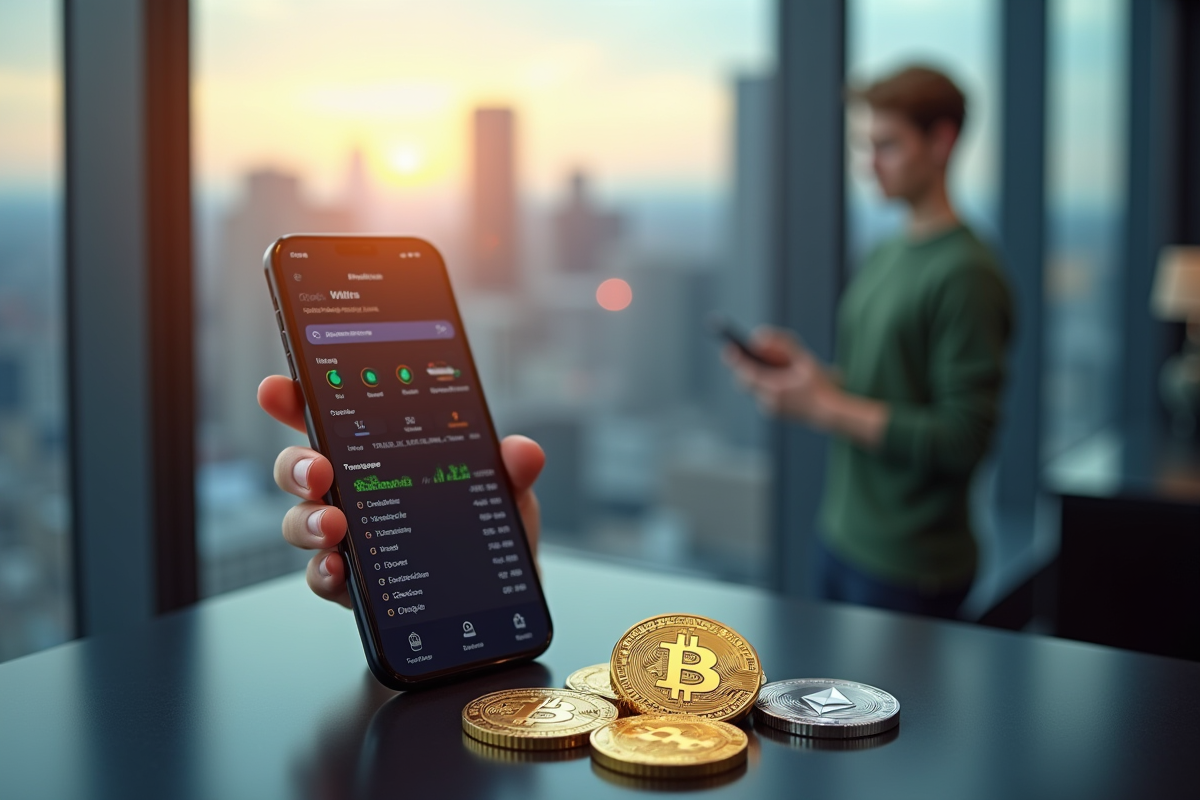 Jeune professionnel avec smartphone et pièces de crypto monnaie