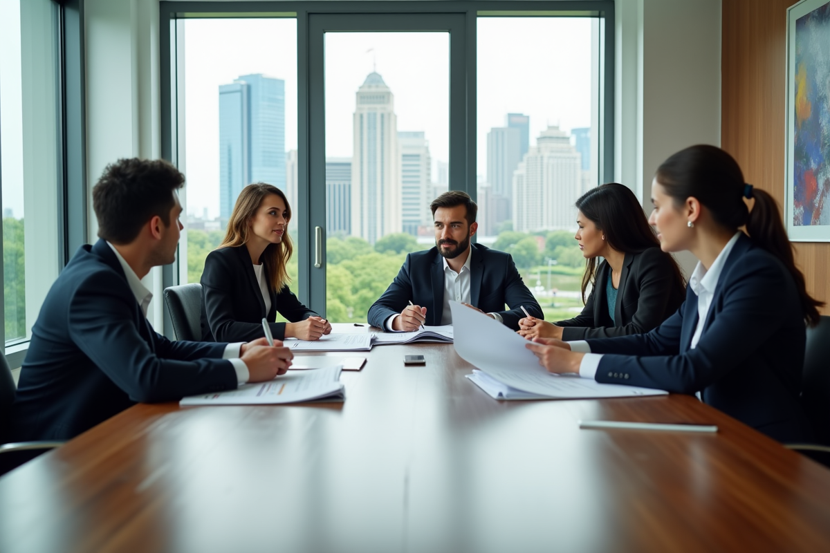 Groupe de jeunes professionnels discutant autour d