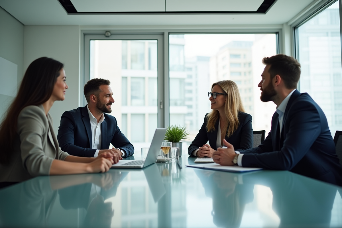 Quatre dirigeants d'affaires autour d'une table moderne en réunion