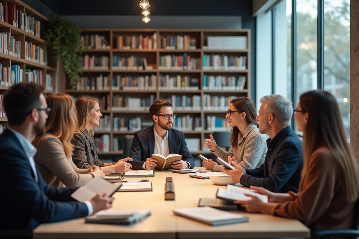 Groupe de personnes dans une bibliothèque moderne discutant autour d