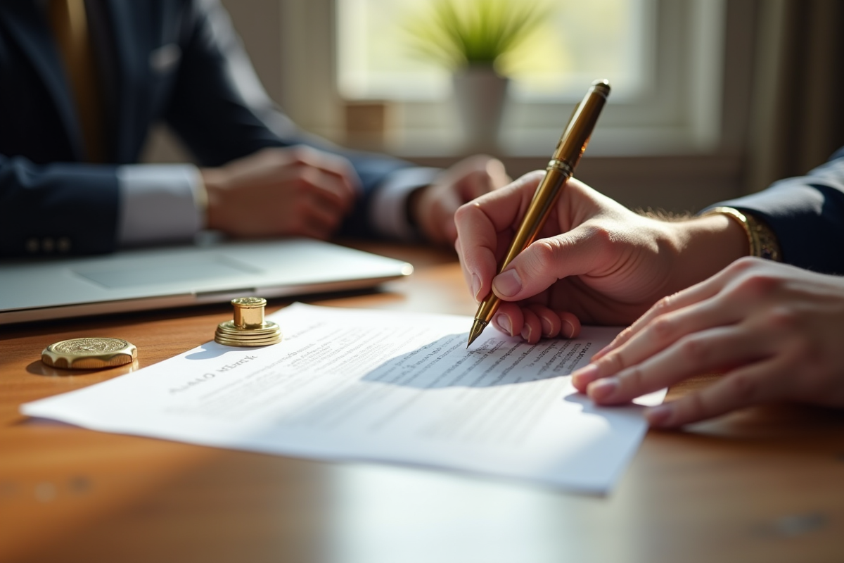 Mains examinant un contrat signé avec stylo et sceau juridique