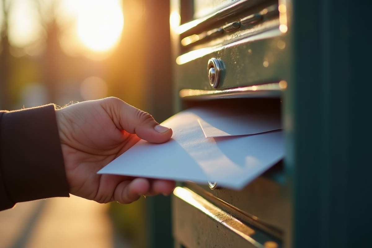 Main déposant une enveloppe dans une boîte aux lettres en plein air