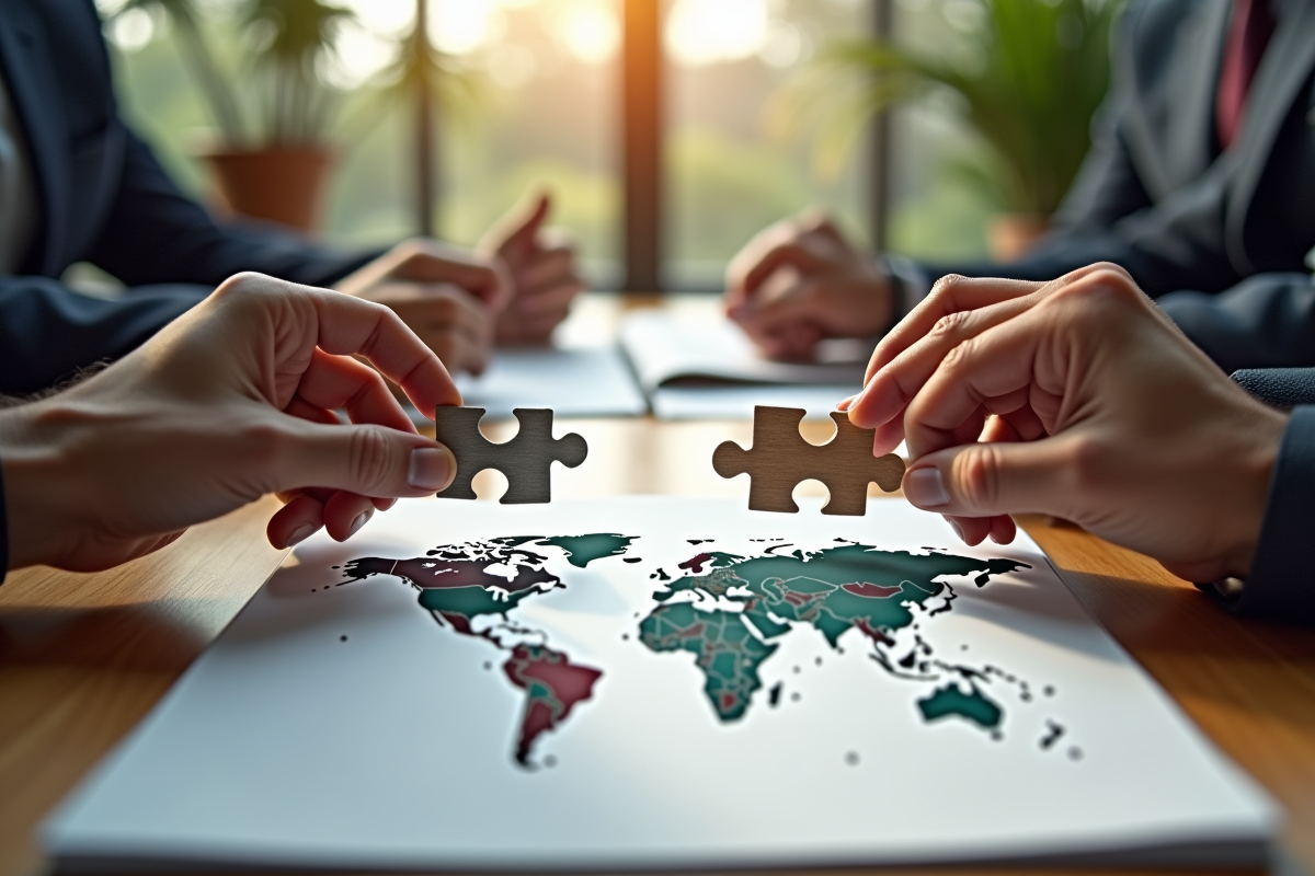 Mains de différentes nationalités manipulant un puzzle mondial
