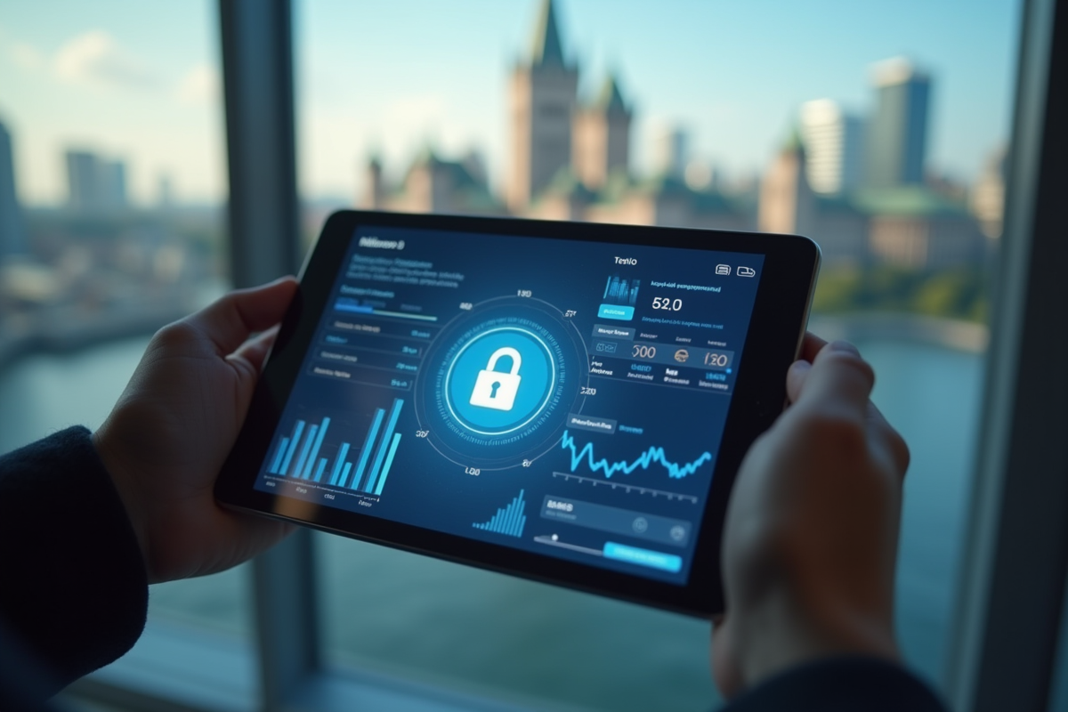 Mains tenant une tablette avec un cadenas et graphiques de données devant la skyline canadienne