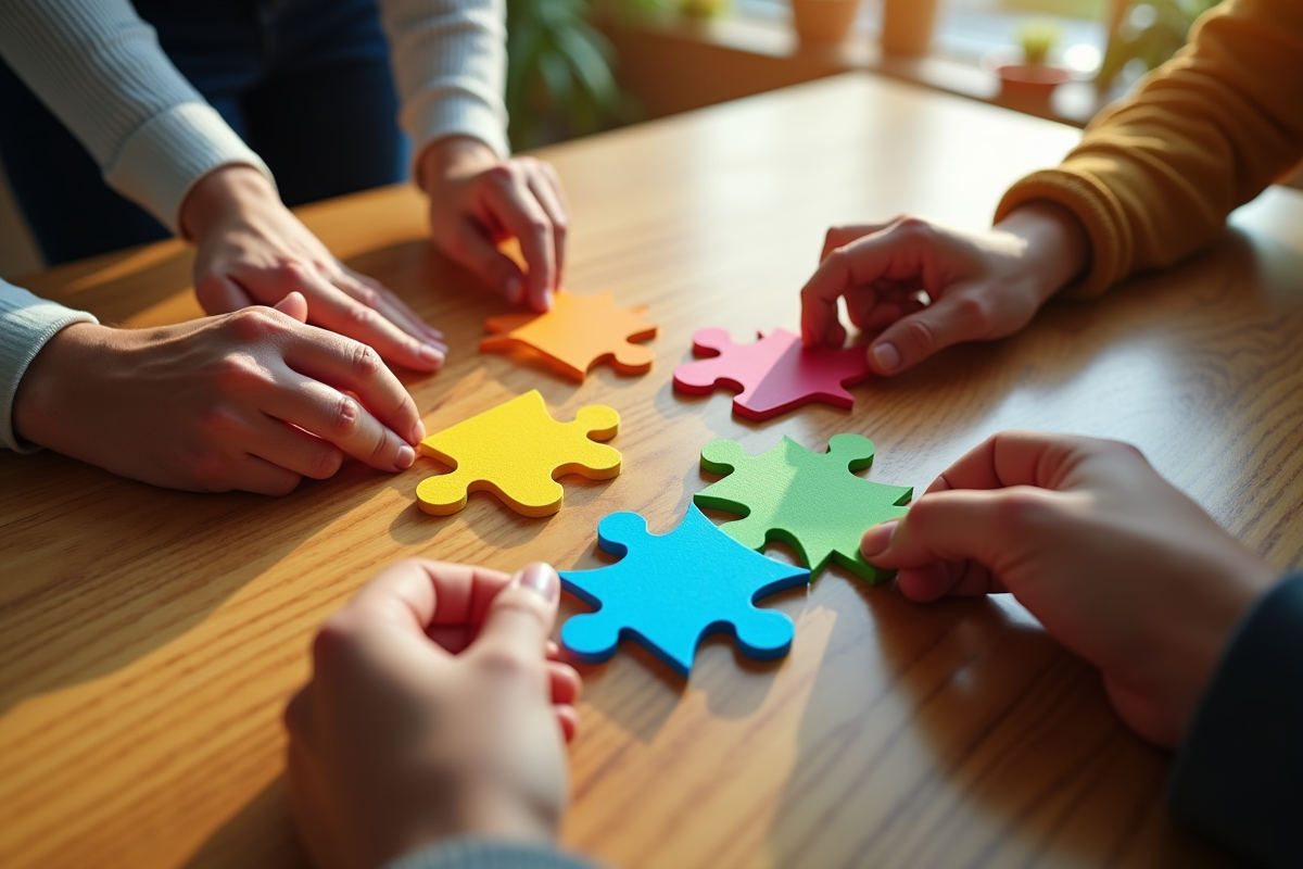 Quatre mains connectant des pièces de puzzle colorées sur une table en bois