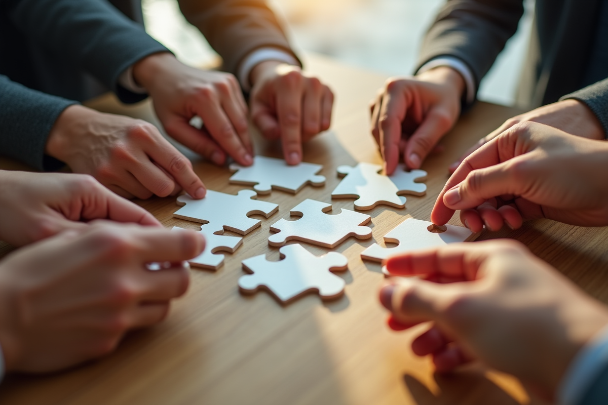 Mains assemblant des pièces de puzzle pour symboliser la collaboration