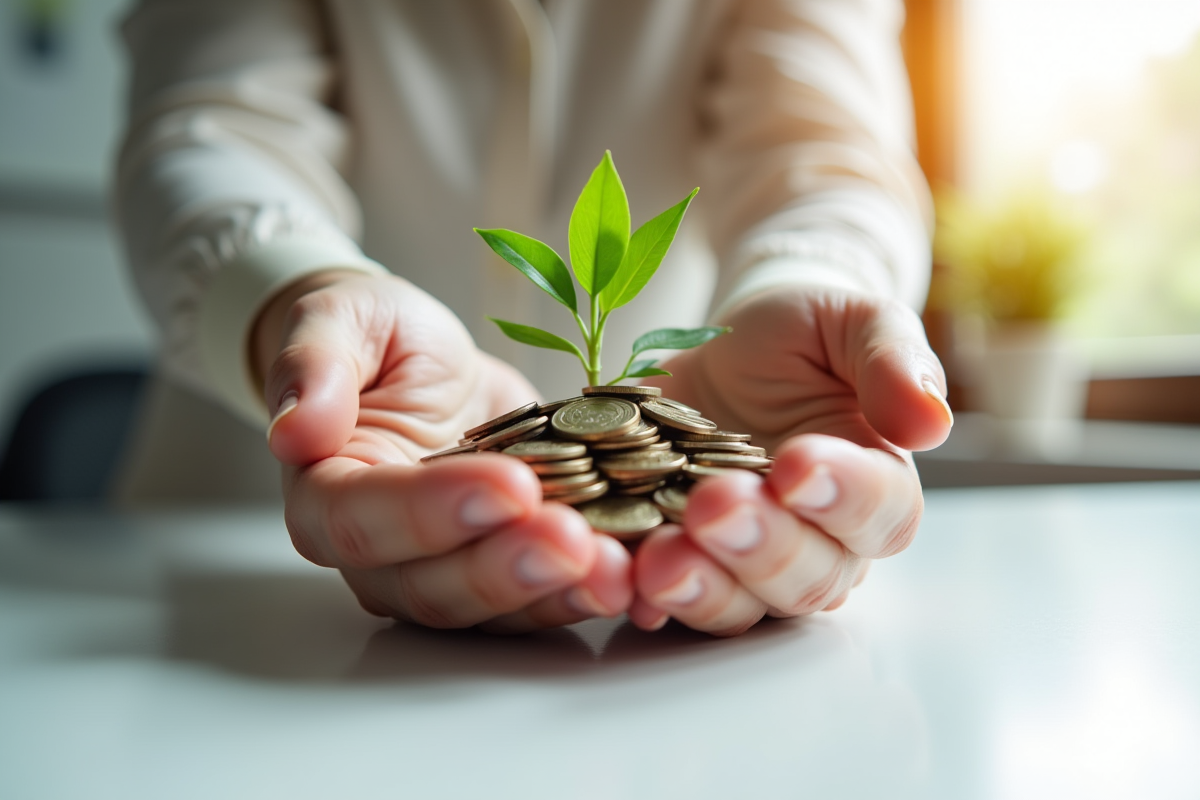 Mains tenant une plante verte sur des pièces de monnaie