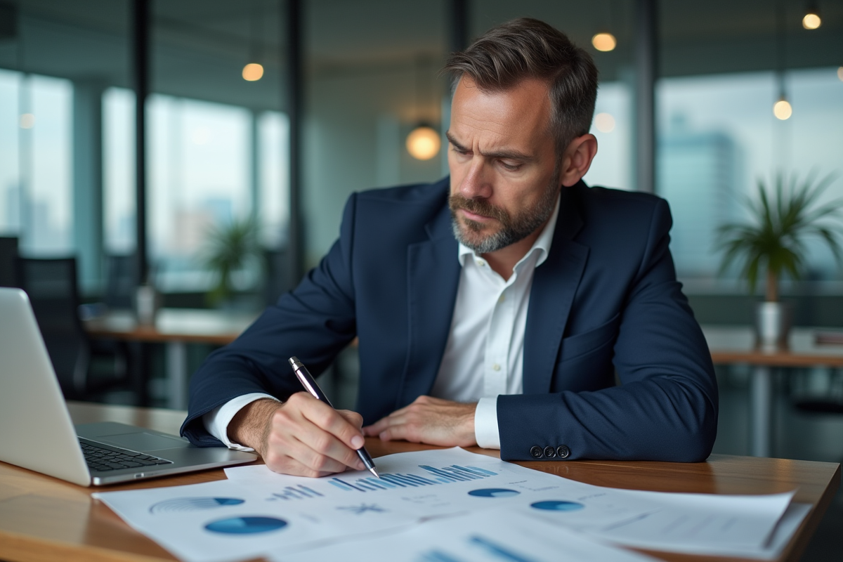 Manager en costume analyse un rapport de risque