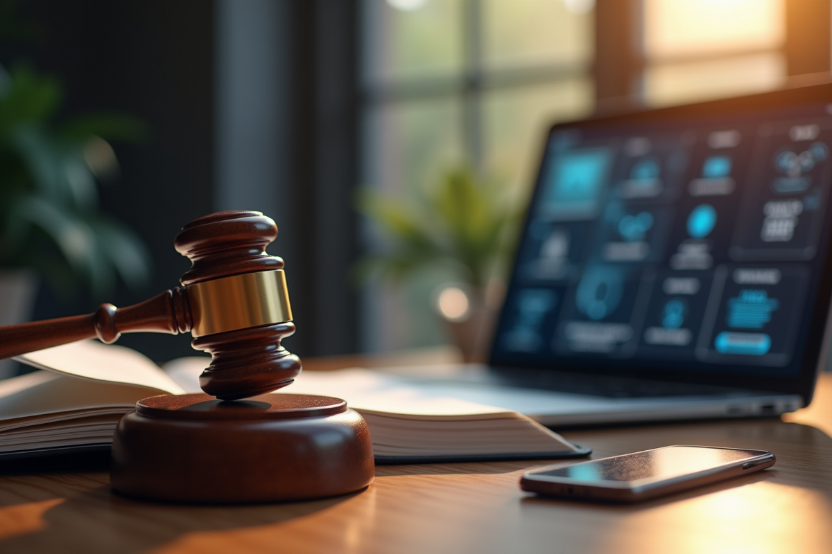 Marteau de juge en bois et livre de droit avec ordinateur portable